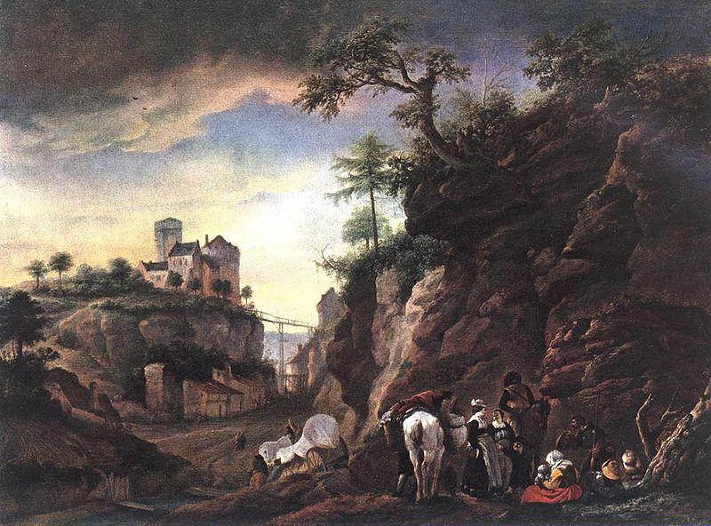 Philips Wouwerman Rocky Landscape with resting Travellers